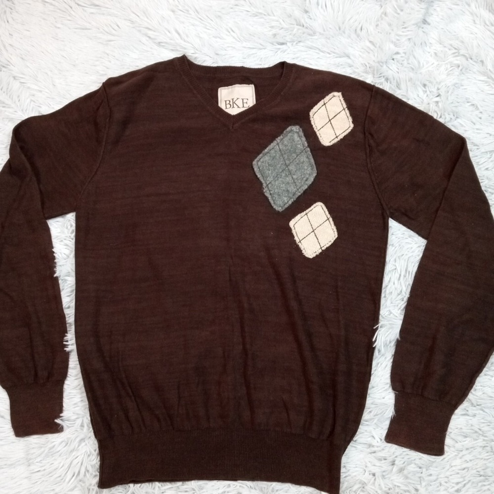 BKE Womens Sweater M Brown V Neck Oxford Patches Lightweight Comfort‎